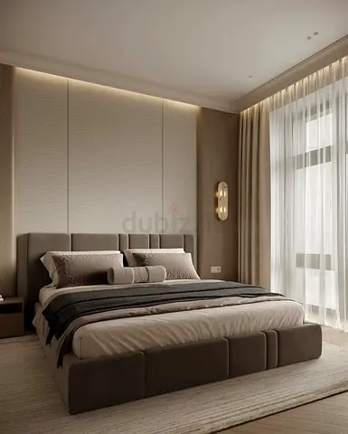 Modern upholstered queen size bed with headboard and base (brown) - good condition