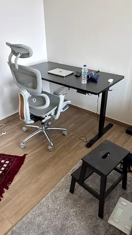 Height-Adjustable Black Standing Desk with Ergonomic Office Chair (Lightly Used)