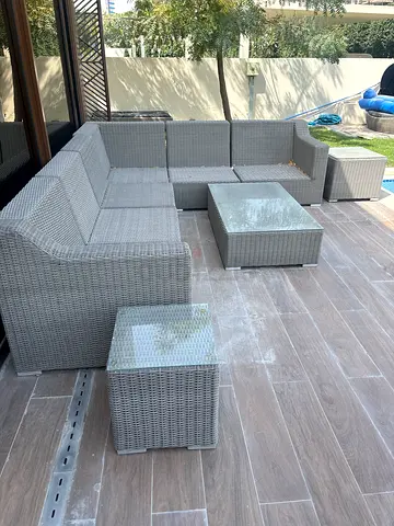 6-piece Grey Rattan Modular Outdoor Sofa Set with Glass Tables