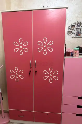 Pink Childrens Wardrobe with Floral Cutouts - Good Condition