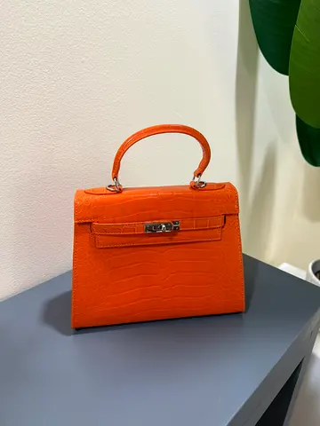 Structured Orange Croc-Effect Top Handle Bag — Small Designer Style