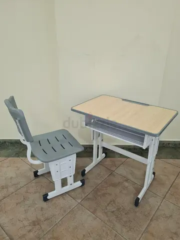 Adjustable Kids Study Desk and Chair Set — Light Wood Top, Grey Frame