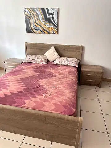 Queen Size Bed Frame with Headboard and Matching Nightstand + mattress ( medicated)  – Light Oak