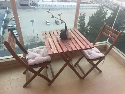 IKEA Balcony Table Set (Like New) – 2 Chairs + Cushions + Decorative Vase