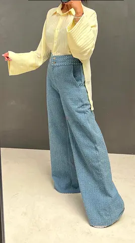 Wide-Leg Eyelet Denim Pants