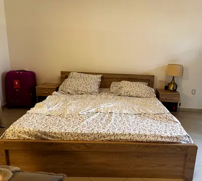 Queen wooden bed frame with two bedside tables - light oak finish