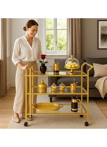 Gold Metal Bar Serving Trolley on Wheels - 3-Tier Drinks Cart