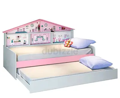 Childrens Trundle Bed with Dollhouse Headboard - White  Pink