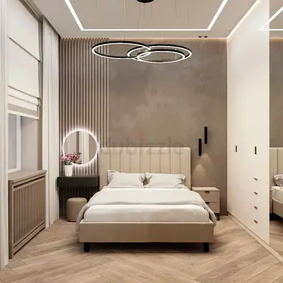 Beige Upholstered Double Bed with Headboard (Modern)