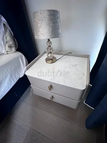 Modern white bedside table / nightstand with marble top