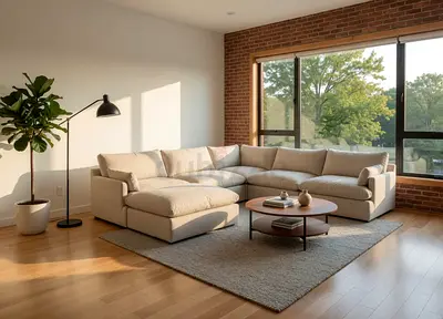 Home Center Sofa Beige Large L-shaped Beige Fabric Sectional Sofa with Chaise