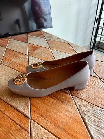 Tory Burch Taupe Leather Low Block Heel Pumps with Logo - Size 38