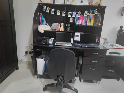Dark Wood Study Desk with Hutch and Drawers