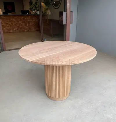 Luxury Round Wood Dining Table with Ribbed Cylinder Base – Custom Minimalist Dining Design