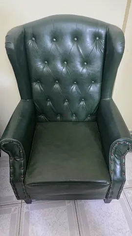 Green Leather Wingback Armchair with Button Tufting