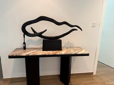 Marble Top Console Table with Abstract Black Sculpture