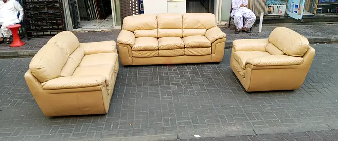 Beige Leather 3-Piece Sofa Set – 3 Seater, 2 Seater  Armchair