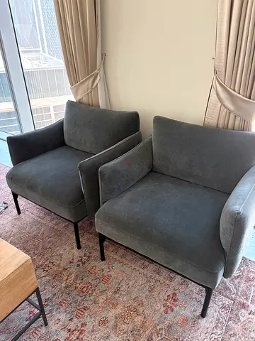 Pair of Grey Velvet Accent Armchairs — Modern, Good Condition
