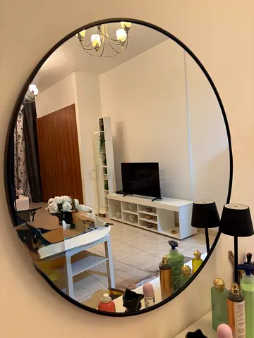 Large Round Wall Mirror with Slim Black Frame