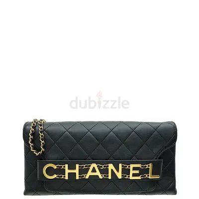Authentic Chanel Black Logo Enchained Clutch Bag