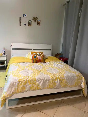 White Single/Double Bed Frame with Headboard and Yellow Bedding - Good Condition, with table