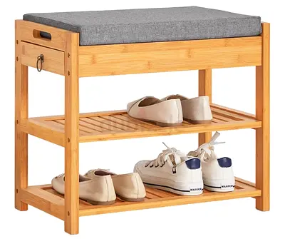 Wooden Shoe Bench with Cushion and Storage Drawer
