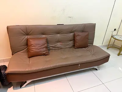 Brown Faux Leather Sofa Bed / Futon - Compact 3-Seater