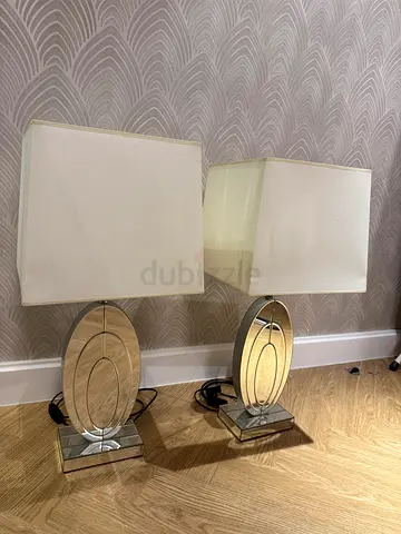 Pair of modern glass base table lamps with square fabric shades Home Centre