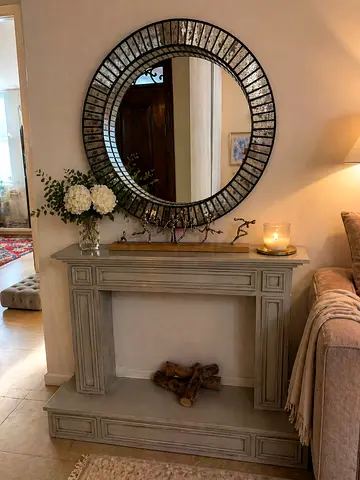 Painted Console Table with Decorative Round Mirror - Rustic Grey