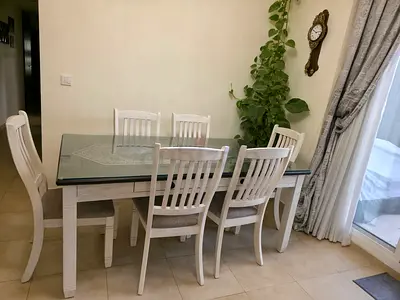 Wooden 6-Seater Dining Table with Glass Top and Chairs - Light Finish