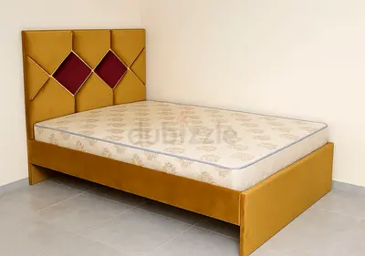 Modern Upholstered Double Bed with Headboard - Mustard Yellow