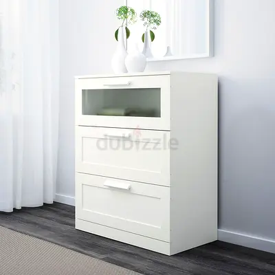 White 3-Drawer Chest / Shoe Cabinet with Glass Panel