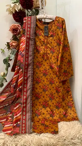 Mustard Floral Printed Long Kurta with Matching Dupatta