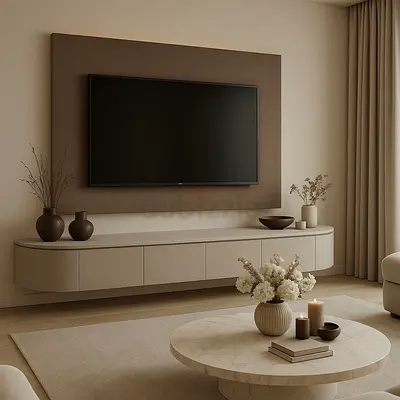 Modern Floating TV Unit with Rounded Edges - Beige/Neutral