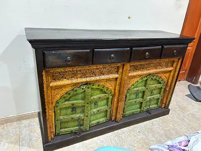 Solid Wood Antique-Style Sideboard with Carved Green Doors