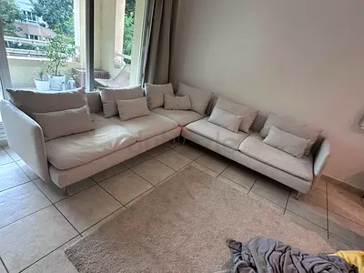 Ikea Sodhremn Corner Sofa Beige Light beige L-shaped fabric sofa — 3-seater + chaise, good condition