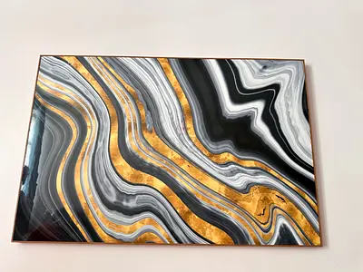 Abstract Black, White, greyand Gold Fluid Art Painting - Framed Wall Art