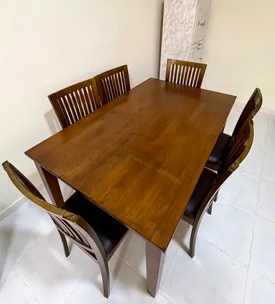 Solid Wood 6-Seater Dining Table with Chairs - Good Condition