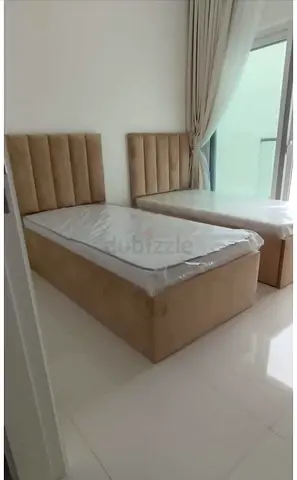 Brand New Pair of single upholstered beds with storage and Mattress- beige