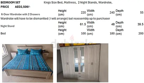 Complete King Size Bedroom Set - Bed, Mattress, 2 Nightstands  6-Door Wardrobe