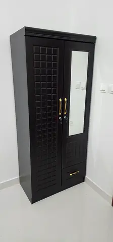 Brand New Black Wooden Wardrobe with Mirror - 2 Doors,