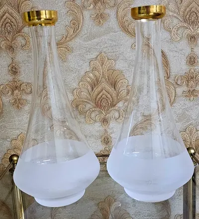 Pair of decorative frosted glass vases with gold rim - used