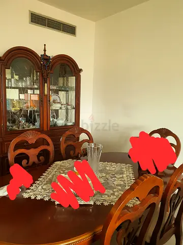 Solid Wood Dining Table with 6 Carved Chairs and China Cabinet - Classic Set