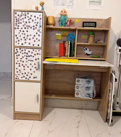 Wooden Study Desk with Shelves and Cabinet — Light Oak, Good Condition