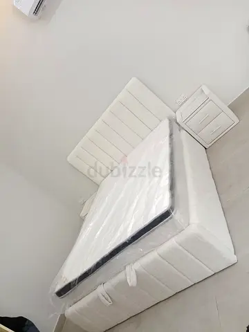 White Fabric Bed Frame with Headboard and Mattress - Good Condition