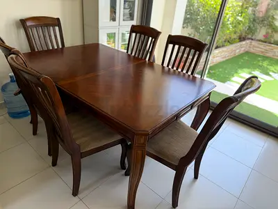 Solid Wood 6-Seater Dining Table with Chairs - Classic Dark Finish