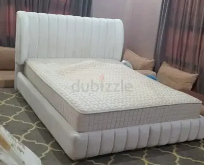 White Upholstered Double Bed with Mattress - Modern Design, without Delivery, Self Pick up