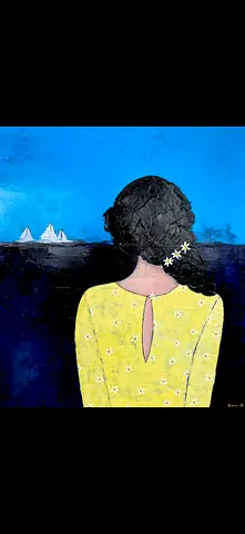 Original Figurative Painting of Woman by the Sea (Blue  Yellow) 100x80cm