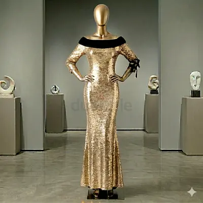 Gold Sequin Off-Shoulder Evening Gown, Size Unknown