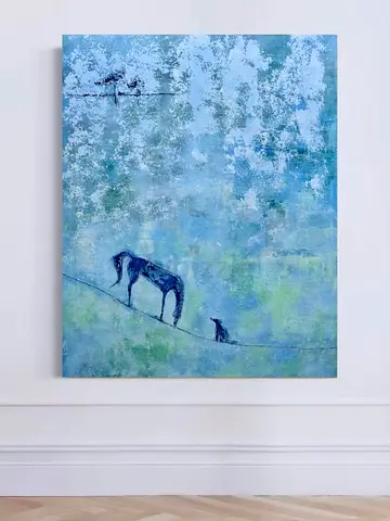 Original Abstract Painting of Horse and Cat on Blue Background 130x100cm